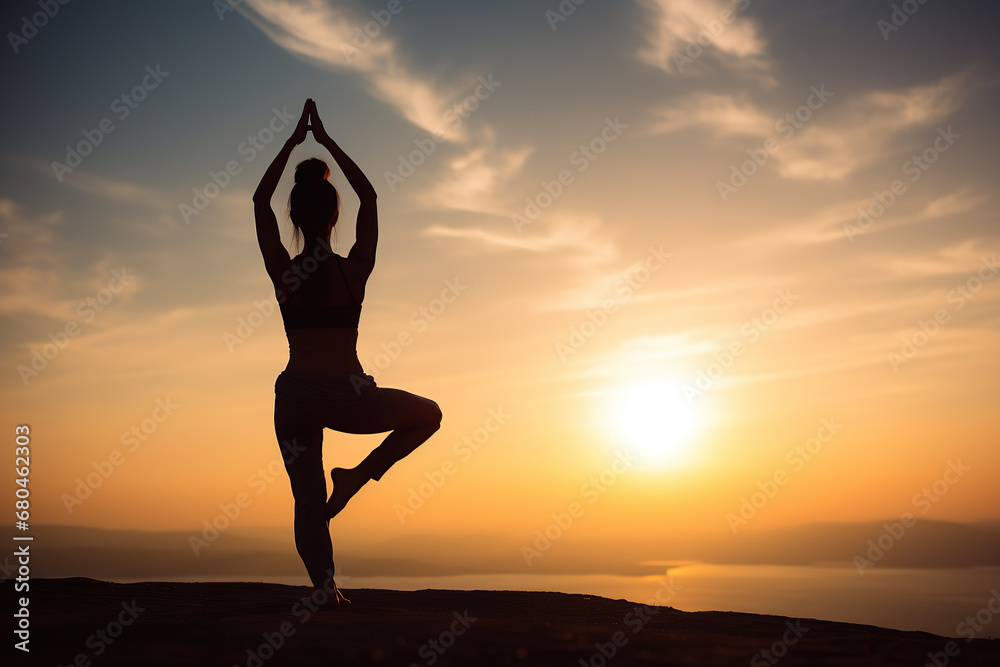The silhouette of a woman practicing yoga on a high vantage point is set against a breathtaking sunrise. She stands in the Tree Pose (Vrksasana), 