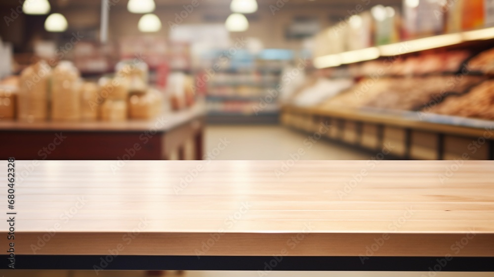 Empty wooden table in grocery store, place for product presentation