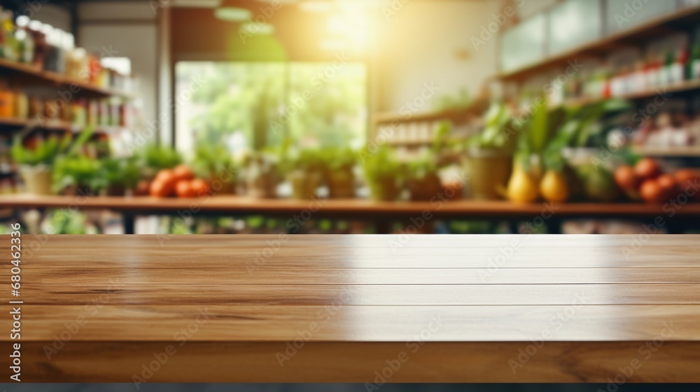 Wooden table in a vegetable store, greengrocery full of fresh products, product presentation on a board