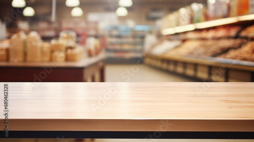 Empty wooden table in grocery store, place for product presentation
