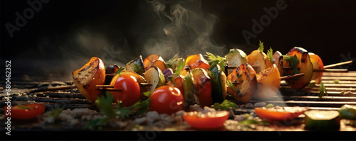 Vegetable on grill. Flying peaces of vegetables