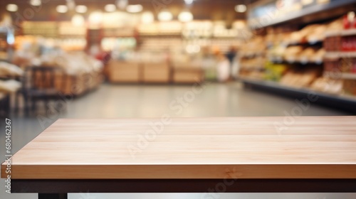 Empty wooden table in grocery store, place for product presentation