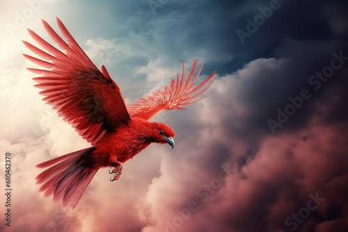 A vibrant red parrot in full flight, its feathers detailed against a dramatic sky. The image captures the essence of freedom and the wild spirit of nature
