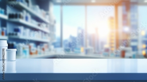 Empty white table in pharmacy, medicine store, shelves with various medical products, background for pharmaceutical industry