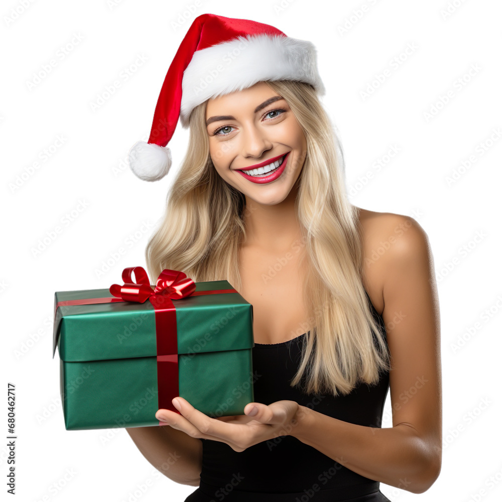 Studio shot of beautiful happy joyful excited girl holding green gift box & wearing santa hat isolated on transparent background. Studio shot of beautiful happy joyful excited girl holding green gift box & wearing santa hat isolated on transparent background.