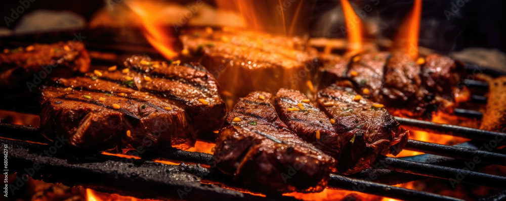vegetable and steak meat on grill. with flames behind. vegetable and steak meat on grill. with flames behind.