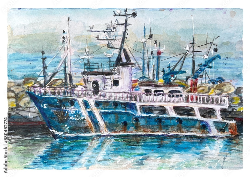 custom made wallpaper toronto digitalOld boat, ship watercolor illustration