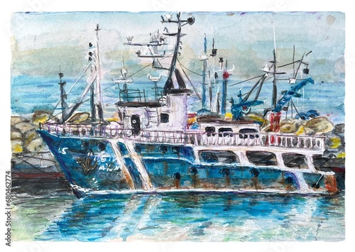 Wallpaper Mural Old boat, ship watercolor illustration Torontodigital.ca