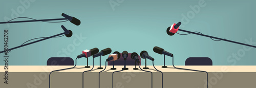 Press conference table with microphones equipment, empty chairs. Interview speech mass media event, news report presentation broadcasting, professional journalism, politics flat vector illustration photo