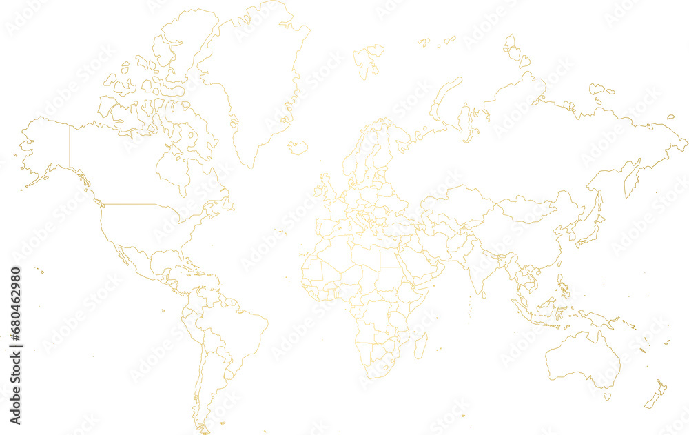 Gold world map, golden world map line art