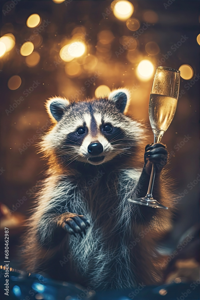 Cute funny raccoon with a glass of champagne celebrating the new year. Cozy Christmas lights in the background. Holiday, festive atmosphere - obrazy, fototapety, plakaty 