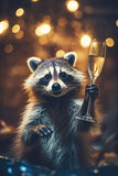 Cute funny raccoon with a glass of champagne celebrating the new year. Cozy Christmas lights in the background. Holiday, festive atmosphere