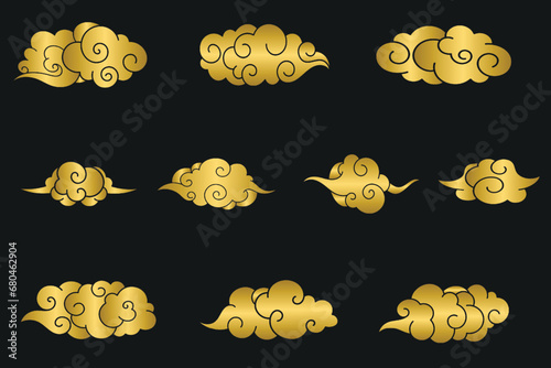 Set of golden Xiangyun Auspicious clouds, chinese, japanese, korean traditional clouds photo