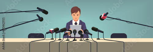Speaker business man or politician person sitting at press conference table with microphones. Public interview speech media event, news report presentation, journalism flat vector illustration