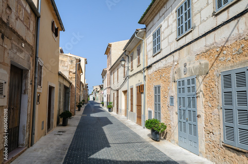 Closed window shutters in an empty street, Sant Llorenc, Mallorca/Majorca