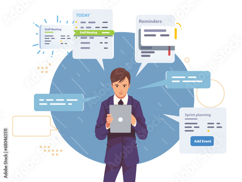 Busy executive manager multitask online on tablet. Entrepreneur person scheduling appointment, planning day meeting, setting deadline reminder. Business man managing tasks vector concept illustration