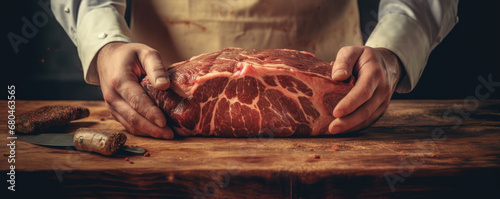 Butcher in work, beef meat withhout bone on a wooden cutting board. copy space for text. photo
