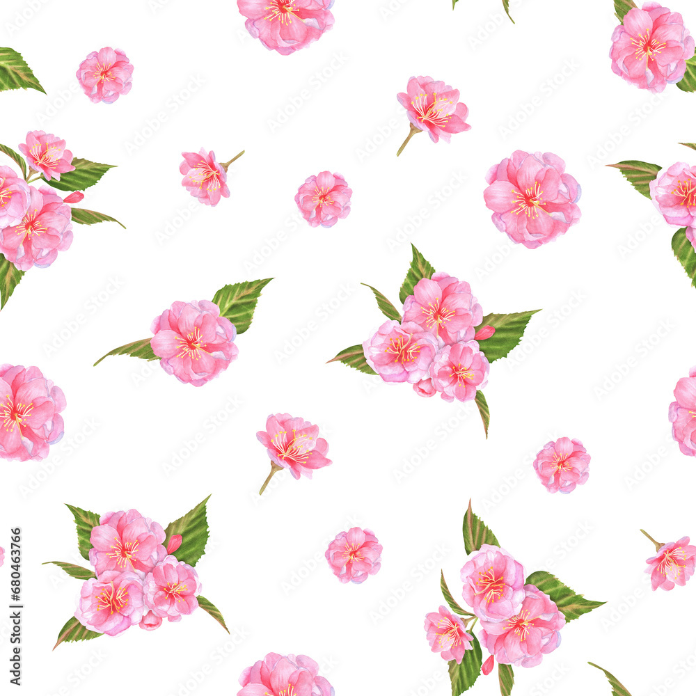 Hand-drawn watercolor illustration. Seamless pattern with pink sakura flowers and leaves. Floral pattern.