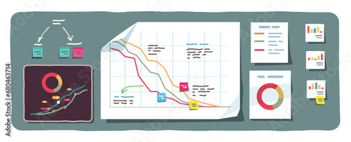 Financial bar, donut, line charts set. Declining, rising line charts diagrams on paper sheets on board. Finance progress analytics. Business presentation report infographics flat vector illustration