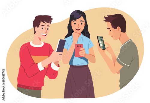 Woman, men friends using mobile cell phones together. Smiling smartphone users persons surfing on Internet, communicating online. Gadget addiction, communication technology flat vector illustration