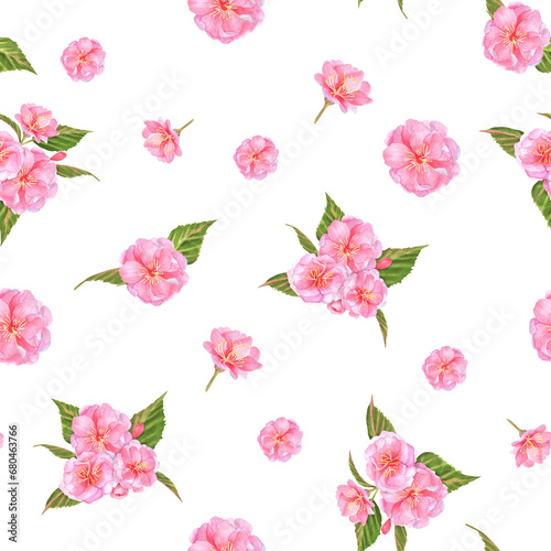 Hand-drawn watercolor illustration. Seamless pattern with pink sakura flowers and leaves. Floral pattern.
