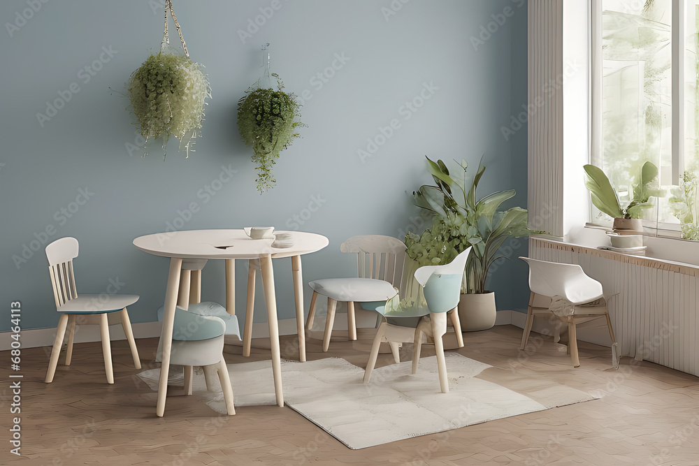 Fototapeta premium Modern Clean Contemporary Nile Blue Kitchen, Minimalist Interior Design, Wooden Dining Table