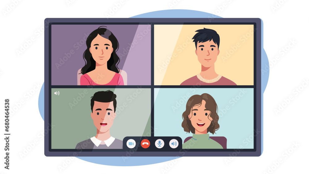 Friends or colleagues men, women talking by video conference call. Persons meeting by online chat on tablet computer or monitor screen. Virtual distance internet communication flat vector illustration Friends or colleagues men, women talking by video conference call. Persons meeting by online chat on tablet computer or monitor screen. Virtual distance internet communication flat vector illustration