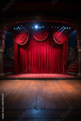 Scène de théâtre avec rideaux rouge et plancher de bois, arrière plan, fond graphisme, ia génrative