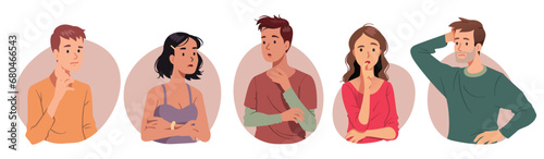 Pensive men, women in doubt thinking set. Confused thoughtful persons scratching head, touching chin, pondering. Confusion, wonder, uncertainty, contemplation collection flat vector illustration