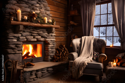 Cozy winter cabin rustic interior with fireplace photo