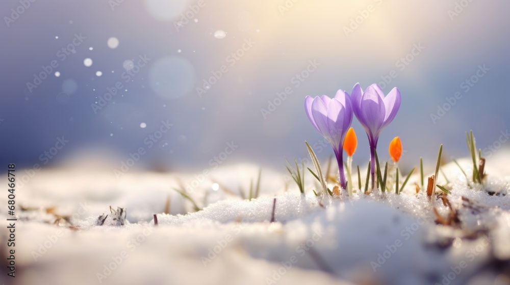 macro tilt-shift, first signs of spring, a purple crocus grows from a snow covered field, copy space, 16:9 - obrazy, fototapety, plakaty 