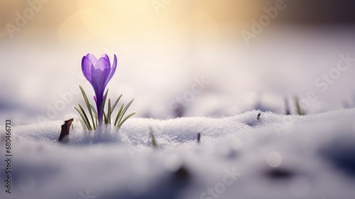 macro tilt-shift, first signs of spring, a purple crocus grows from a snow covered field, copy space, 16:9 © Christian