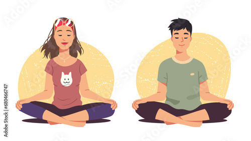Relaxed woman, man meditating sitting in lotus yoga pose. Peaceful tranquil persons practicing meditation relaxing. Relaxation, Zen, concentration, mental health concept flat vector illustration set