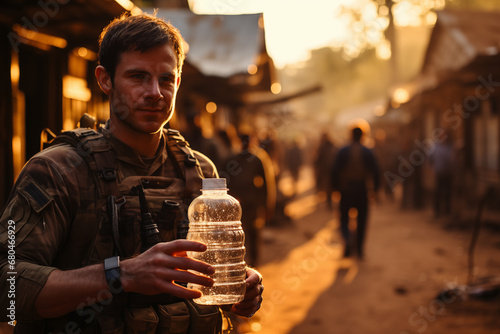 The soldier, wearing a beret indicating a peacekeeping mission, engages with local residents in a friendly manner. The soldier holds a water bottle, symbolizing not just military duty but also humanit photo