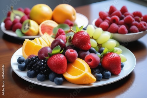 Plate with fresh fruits on wooden table  closeup. Healthy food