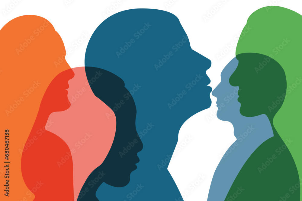 Silhouette of a group of men and women of diverse culture in profile. Concept of racial equality and anti-racism. Multicultural society. Vector illustration