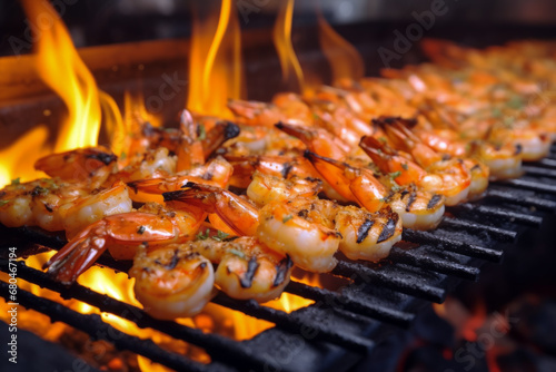 Close up of shrimp on the grill with fire in background of modern kitchen. Cooking concept of food and dish.
