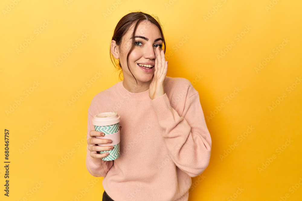 Φωτογραφία Young caucasian woman holding a takeaway coffee cup shouting and holding palm near opened mouth