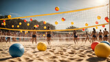 A sandy beach setting with volleyball nets, beach balls, and bokeh lights, depicting a lively tournament scene with teams competing under the sun.
