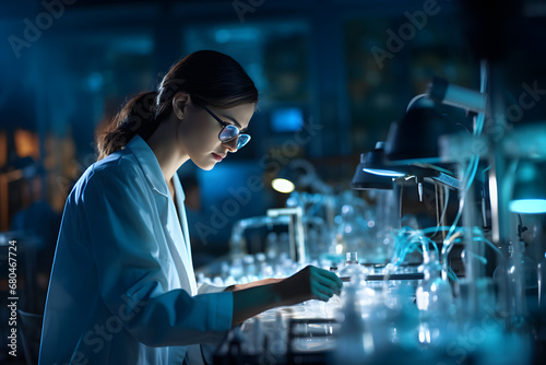 female scientist wearing safety goggles doing chemical experiment