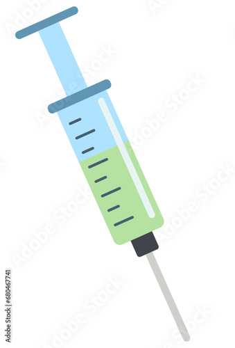 Medical syringe icon. The syringe is filled with a vaccine solution. Vector Illustration of medical syringe with needle.