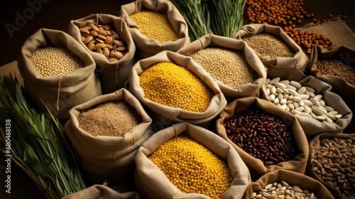 麻袋に入ったトウモロコシや大豆等の多彩な穀物 photo