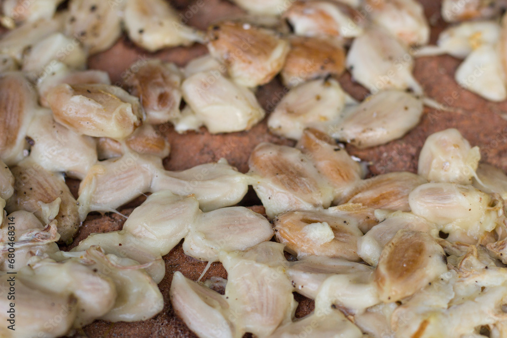 sweet peeled cocoa extract. Top view of cocoa beans ingredients for making chocolate flour. sweet peeled cocoa extract. Top view of cocoa beans ingredients for making chocolate flour.