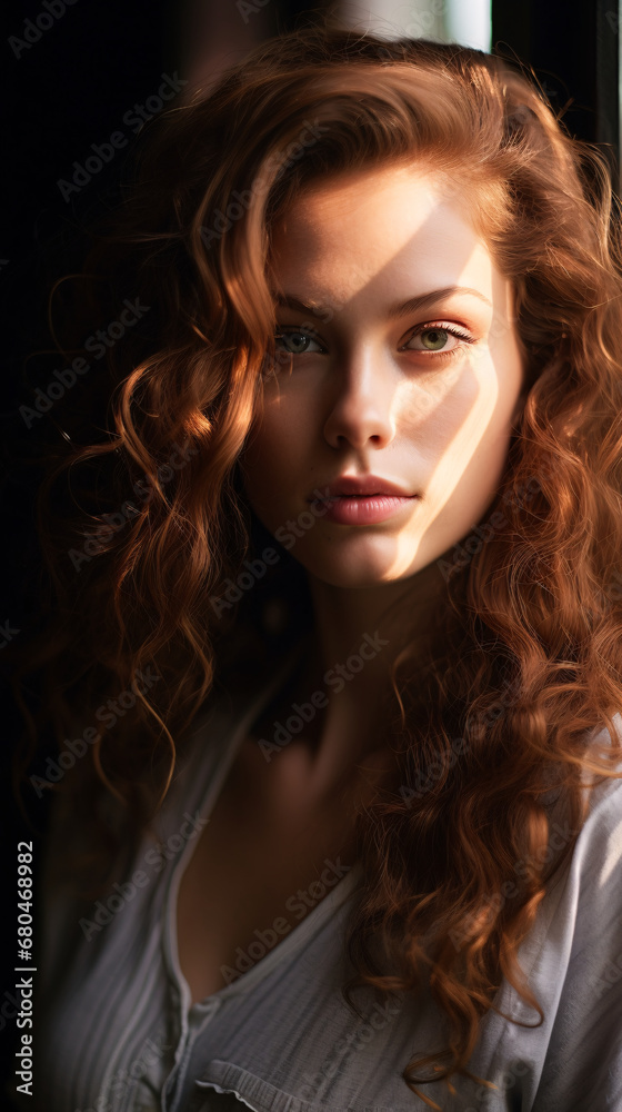 serene portrait of a model. The window light bathes the model's face in soft, diffused light, creating a gentle and natural illumination serene portrait of a model. The window light bathes the model's face in soft, diffused light, creating a gentle and natural illumination