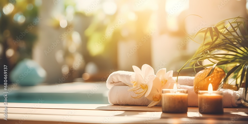 Spa and wellness concept. Towel, candles and flowers on the table. - generative ai
