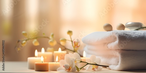 Spa and wellness setting with towels  candles and orchid flowers - generative ai