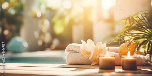 Spa and wellness concept. Towel  candles and flowers on the table. - generative ai