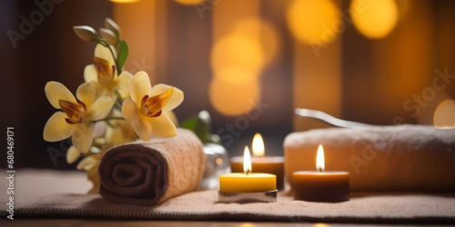Spa still life with candles and orchid flowers on wooden background - generative ai