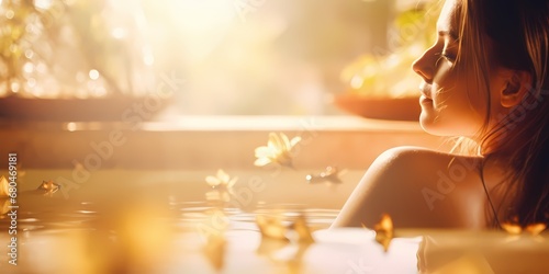 Young woman relaxing in bathtub with flower petals in sunlight. - generative ai
