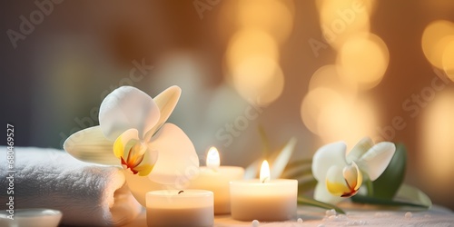 Spa composition with burning candles and orchid flowers on blurred background - generative ai